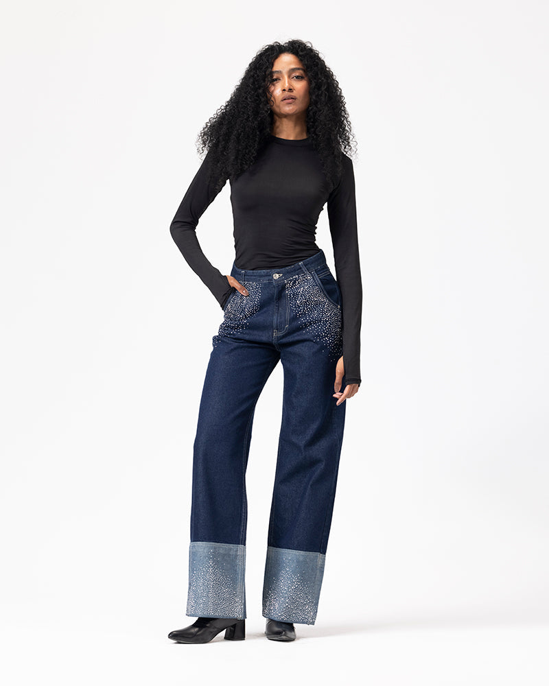 Denim Shimmery Fold-Up Pants - Dark Blue