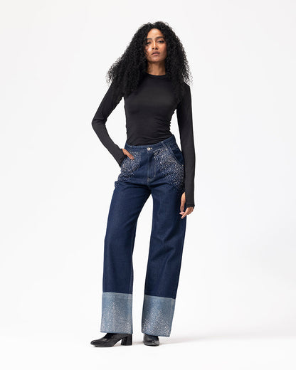 Denim Shimmery Fold-Up Pants - Dark Blue