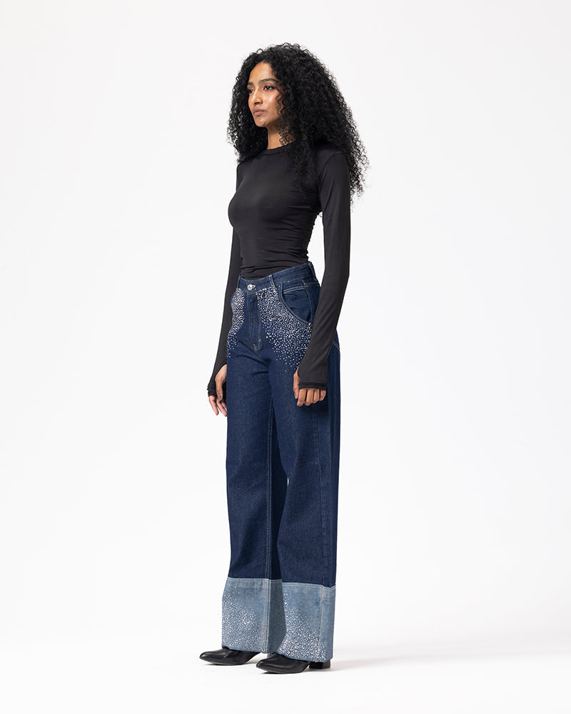Denim Shimmery Fold-Up Pants - Dark Blue