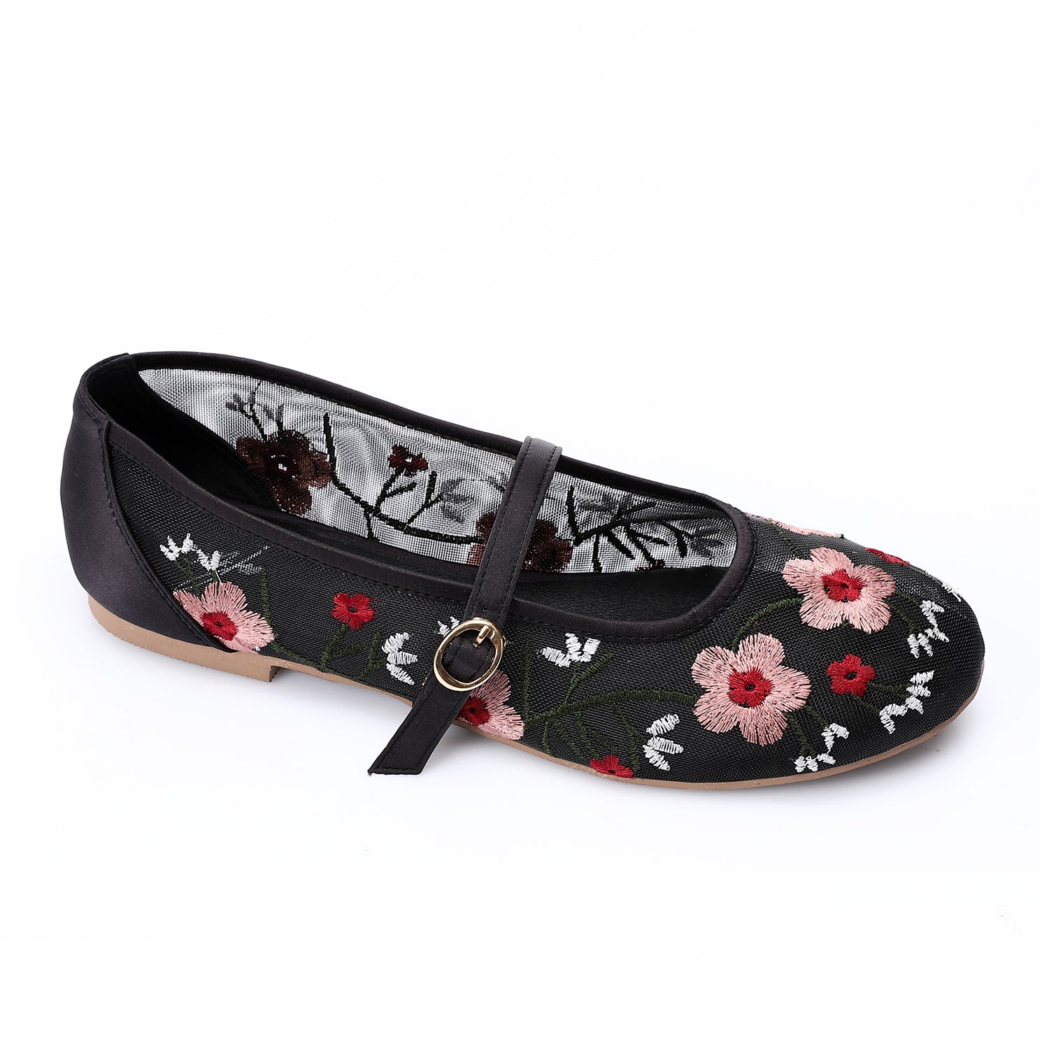 Floral Embroidered Mesh Ballerina Flats - Black