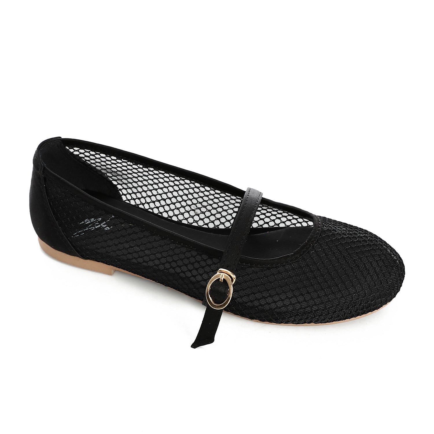 Mesh Buckled Ballerina Flats - Black
