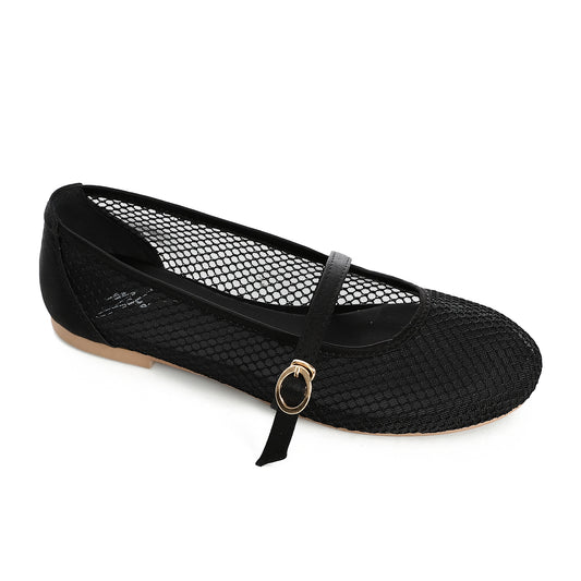 Mesh Buckled Ballerina Flats - Black