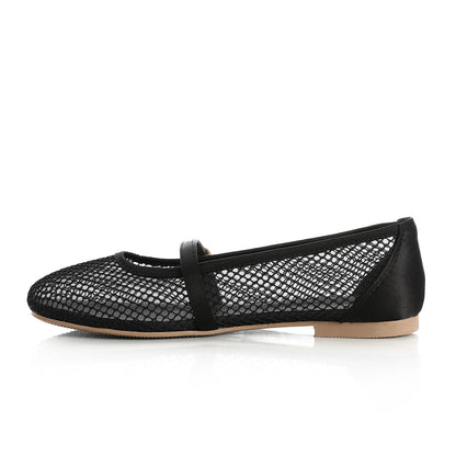 Mesh Buckled Ballerina Flats - Black