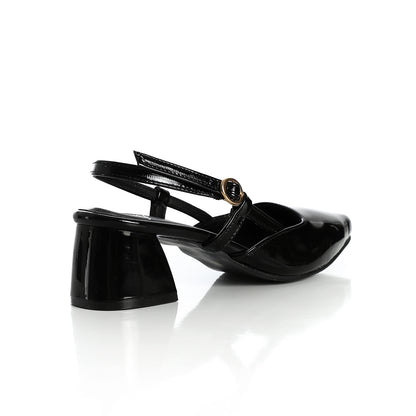 Verne Faux Leather Slingback Block Heel Shoes – Black