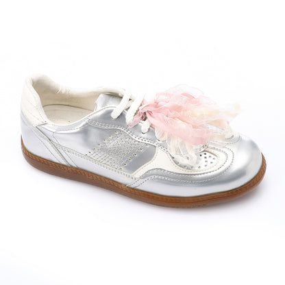 Patent faux Leather Sneaker with Lace & Decorative Organza Ribbon - Silver