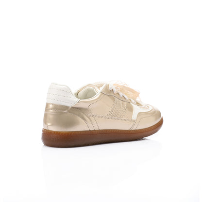 Faux Leather Sneaker with Lace & Decorative Organza Ribbon - Champagne