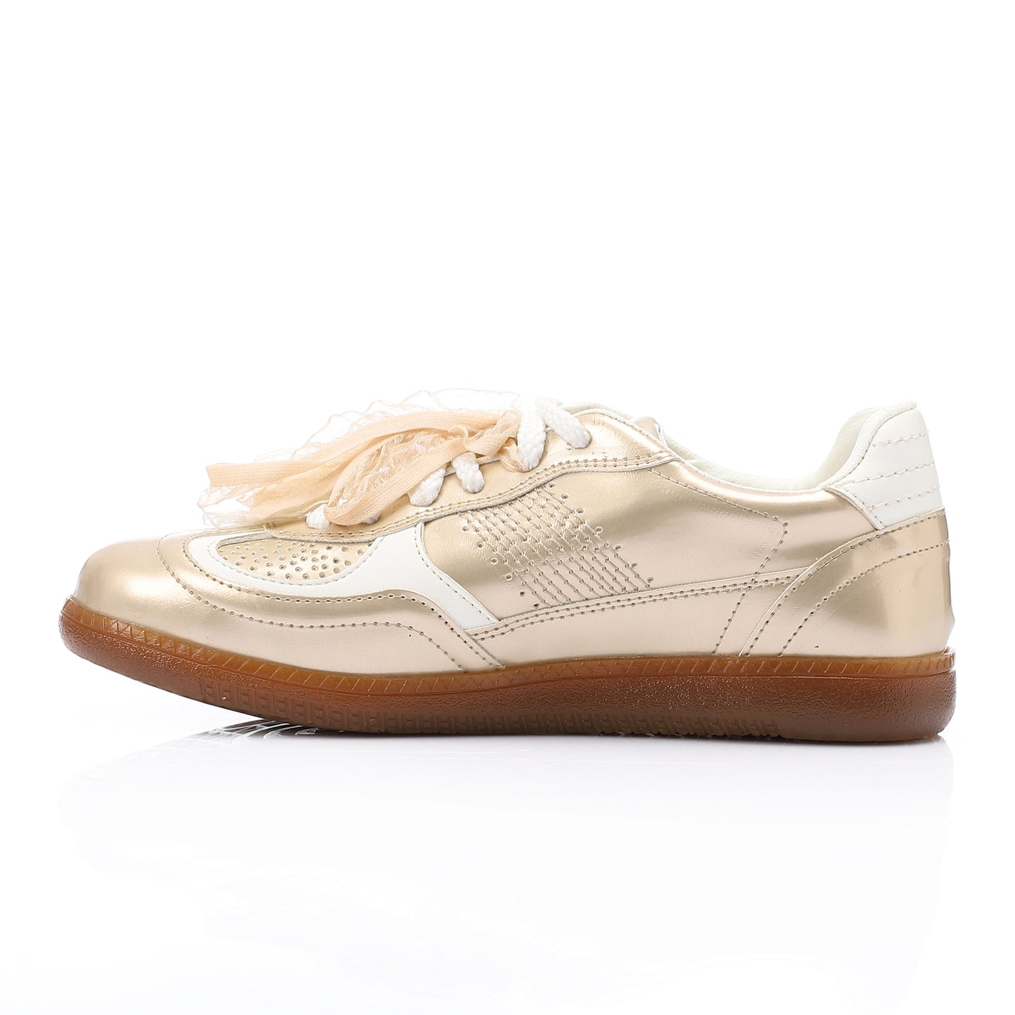 Faux Leather Sneaker with Lace & Decorative Organza Ribbon - Champagne