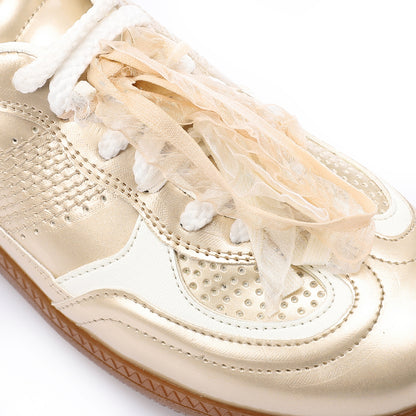 Faux Leather Sneaker with Lace & Decorative Organza Ribbon - Champagne