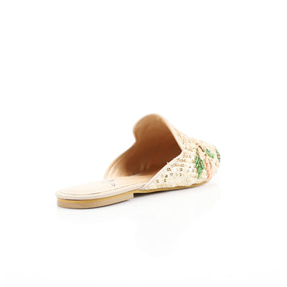 Sequin Beaded Embroidered Mules – Beige