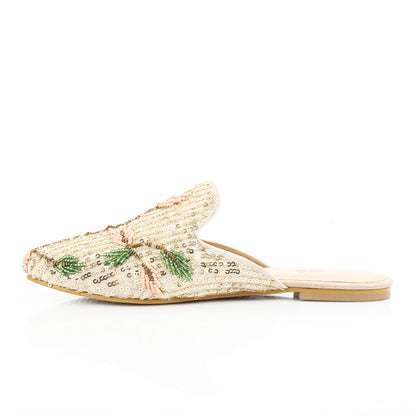 Sequin Beaded Embroidered Mules – Beige
