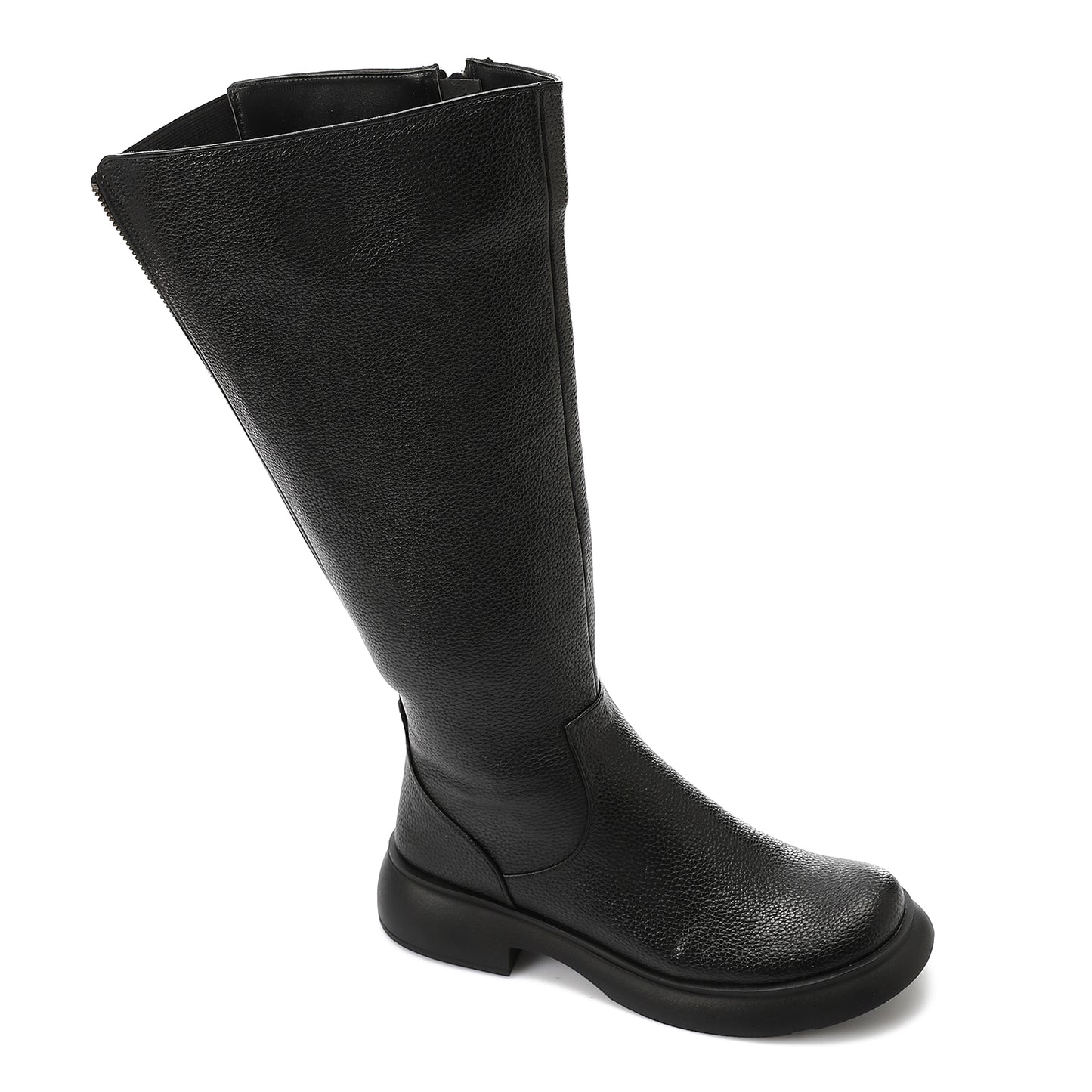 PU Leather Textured Knee-High Boots – Black