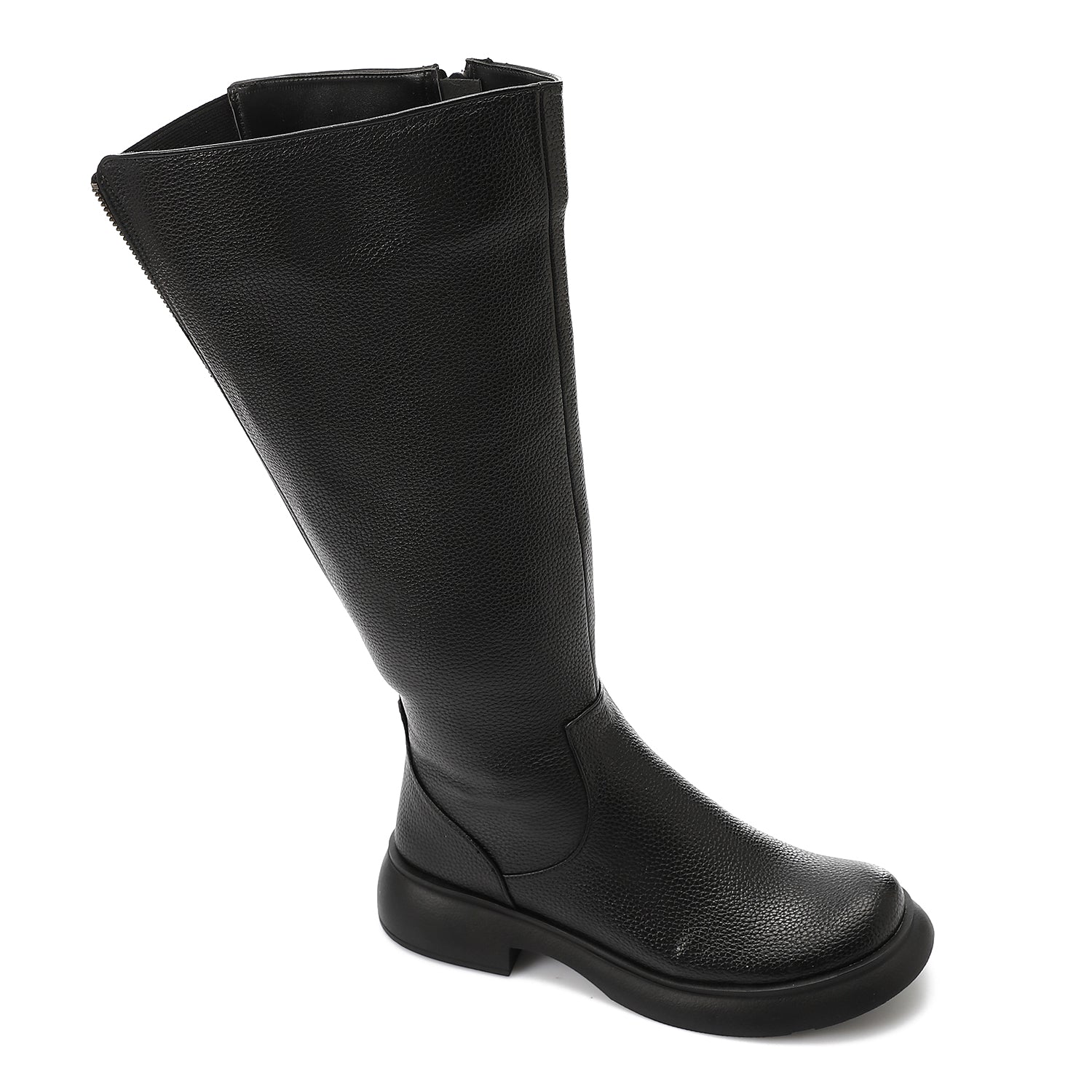 PU Leather Textured Knee-High Boots – Black
