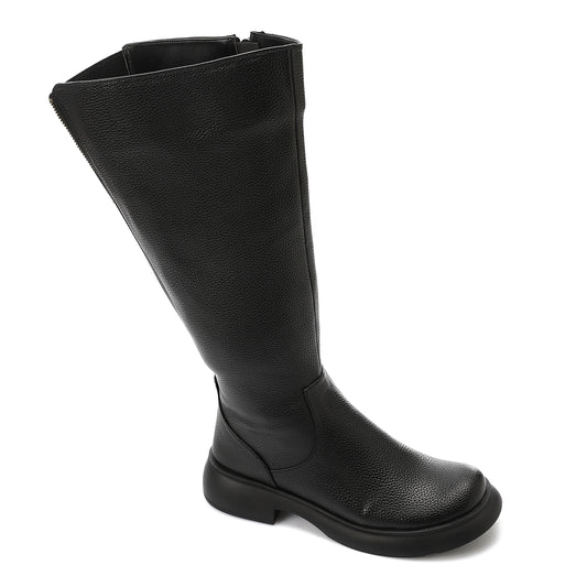 PU Leather Textured Knee-High Boots – Black