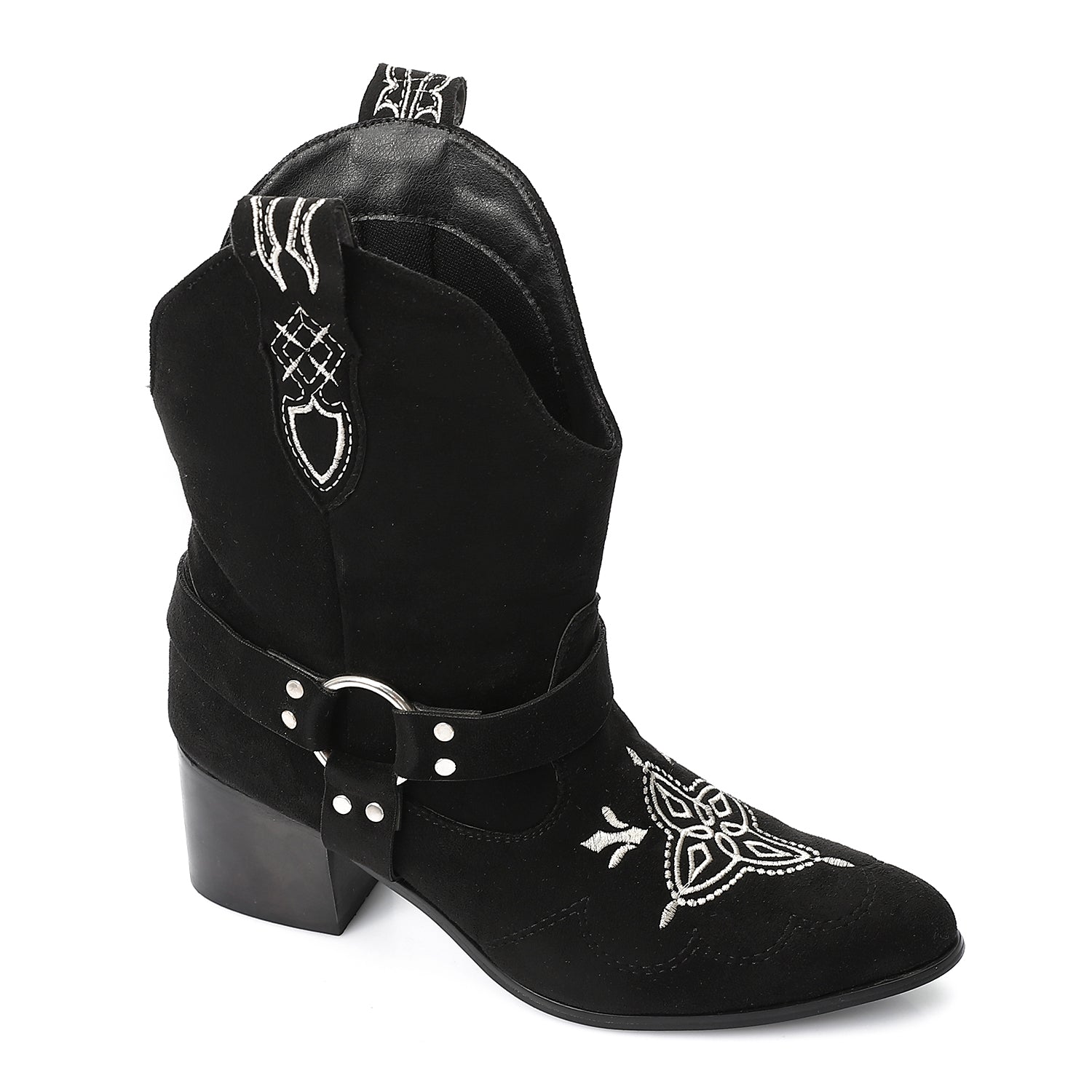 Suede Embroidered Western Half Boots – Black (3045)