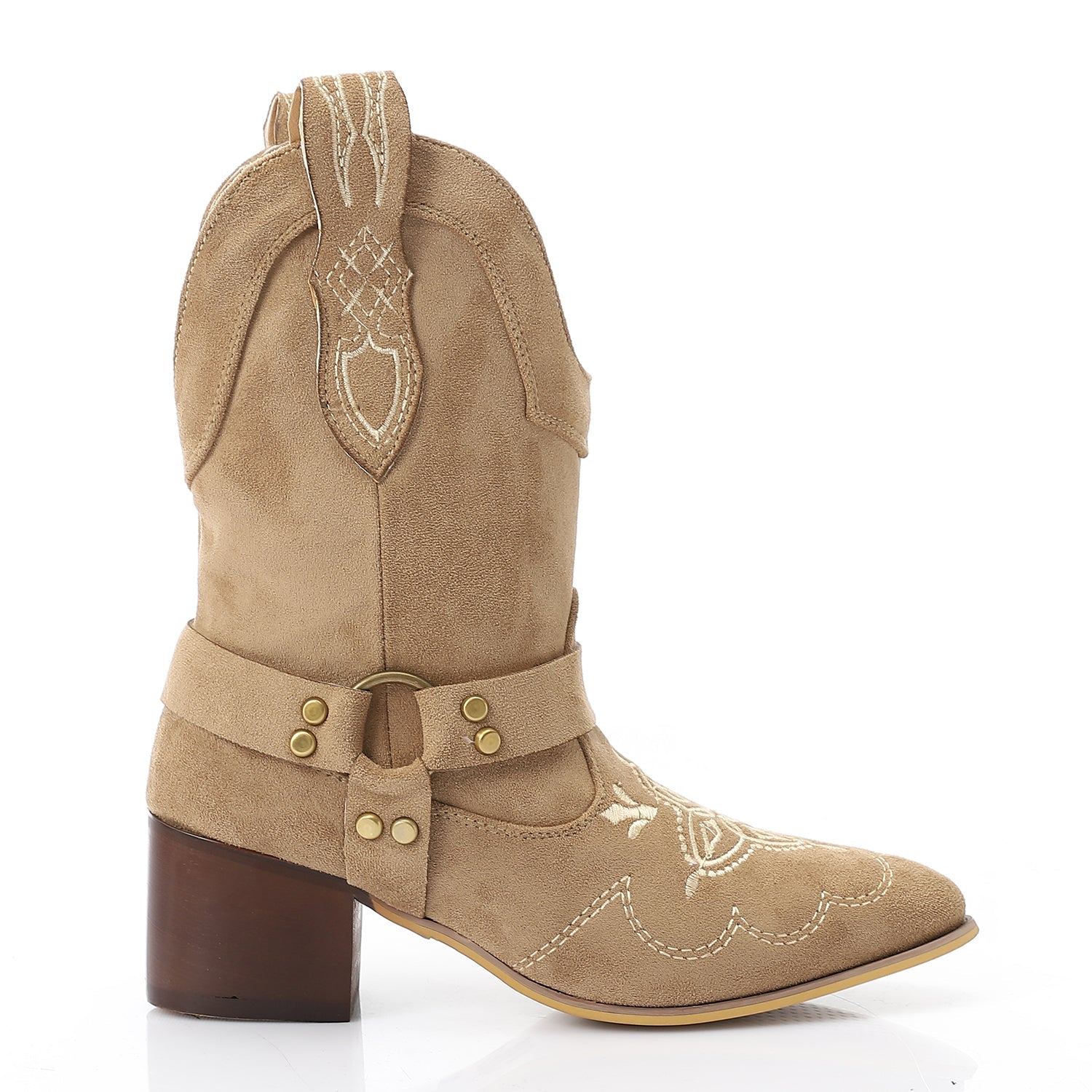Suede Embroidered Western Half Boots – Beige (3045)