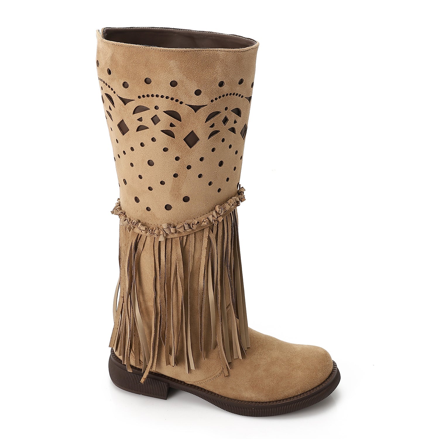 Suede Fringed Mid-Calf Boots – Beige (3051)