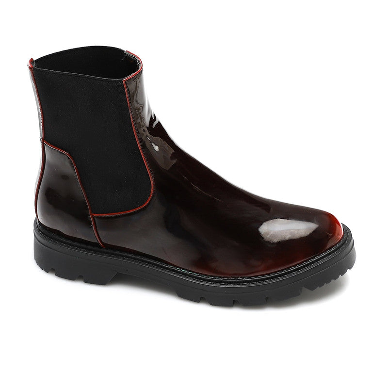 Glossy Elastic Panel Chelsea Ankle Boots – Brown Red
