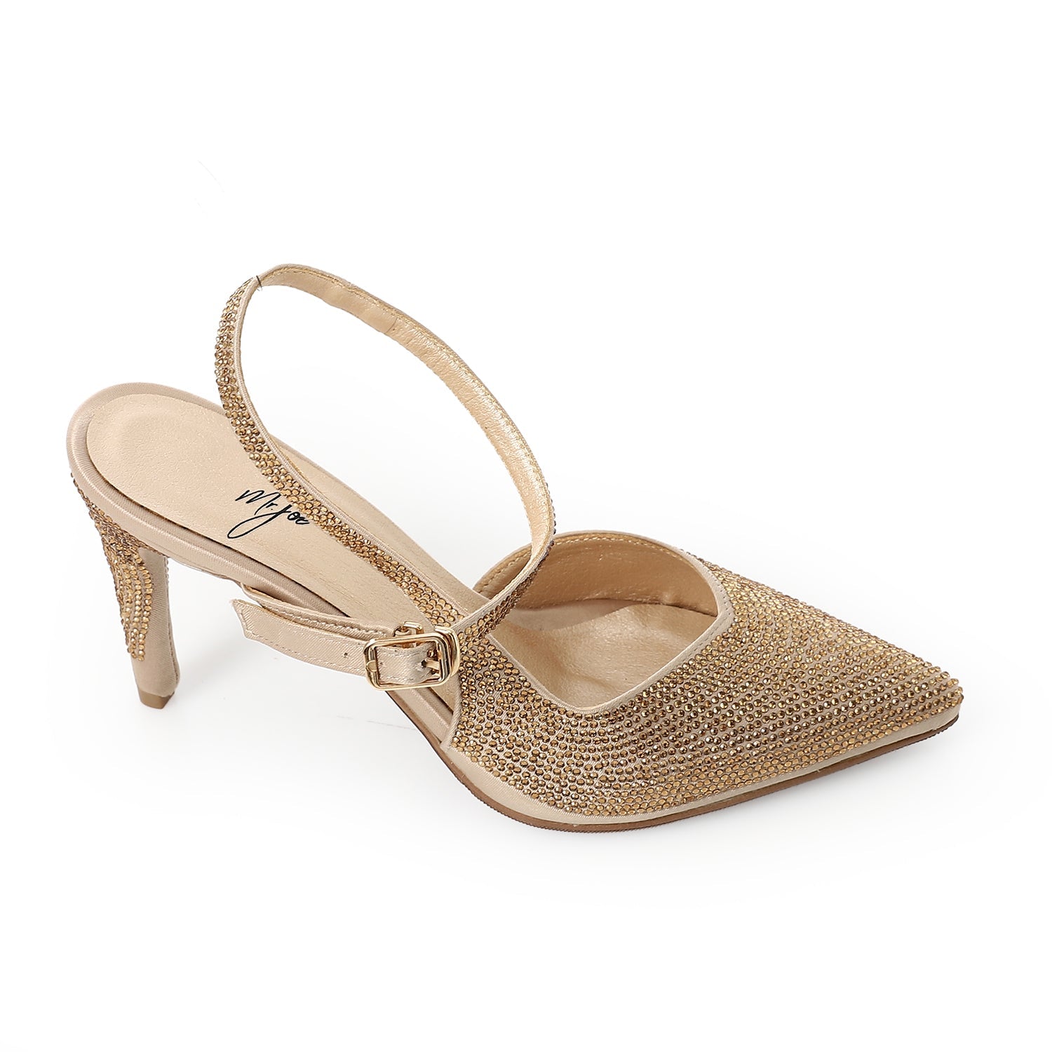 Rhinestone Pointed Toe Slingback Heels - Gold