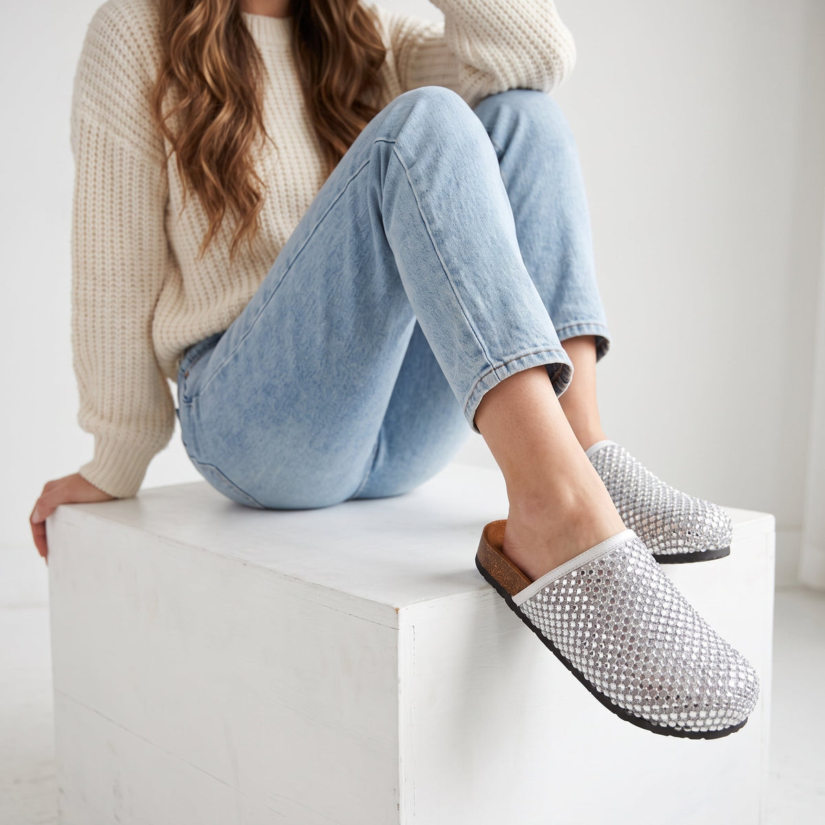 Studded Mesh Slip-On Cork Clogs – Silver