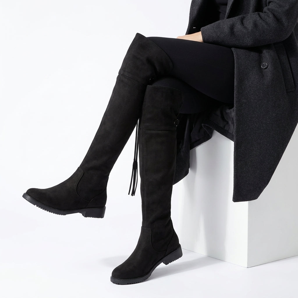 Lace-Up Half-Zip Over-the-Knee Boots – Black