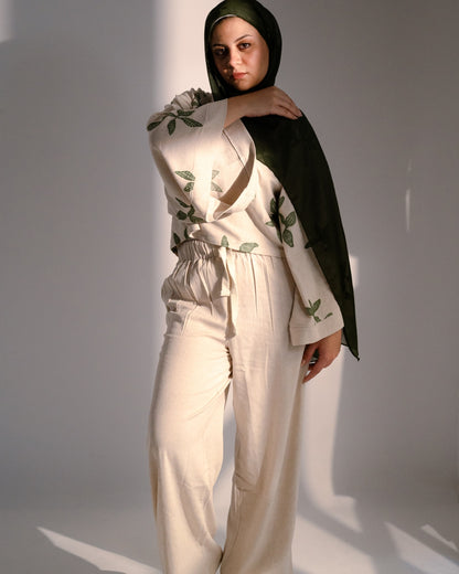 Linen Oversized Embroidered Two-Piece Set – Beige