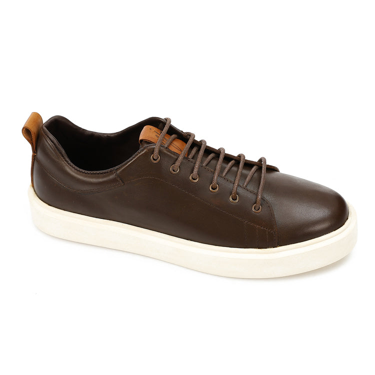 Leather Lace-Up Flat Sneakers - Brown