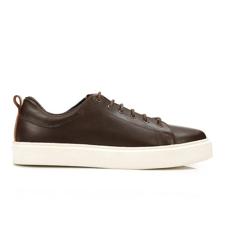 Leather Lace-Up Flat Sneakers - Brown