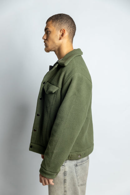 Oversized Cropped Teddy Jacket - Olive Green