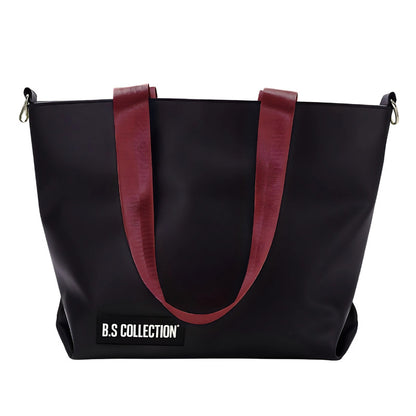 Leather and Fabric Double-Face Tote Bag - Burgundy & Black