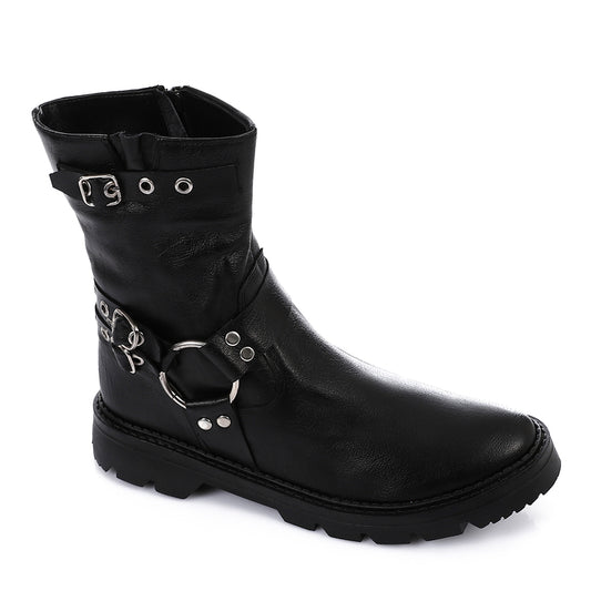 Faux Leather Buckle Detail Mid-Calf Boots - Black