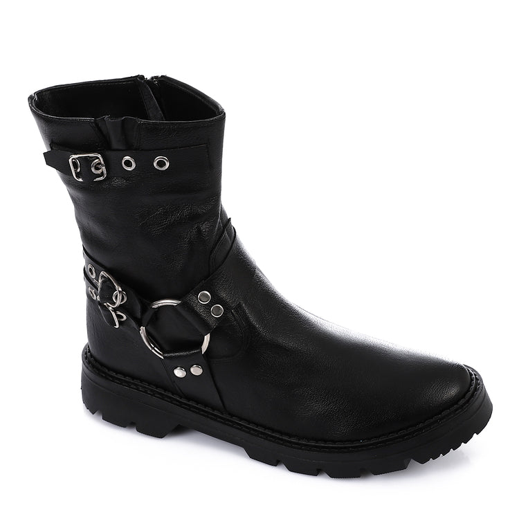 Faux Leather Buckle Detail Mid-Calf Boots - Black