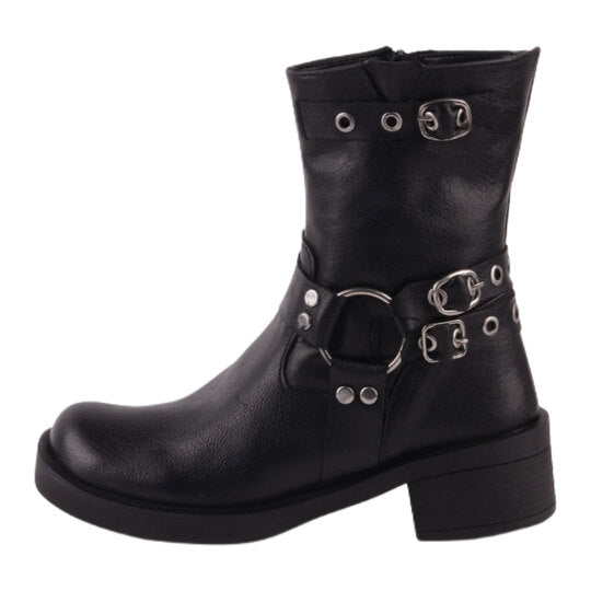 Leather Buckle Detail Mid-Calf Boots – Black