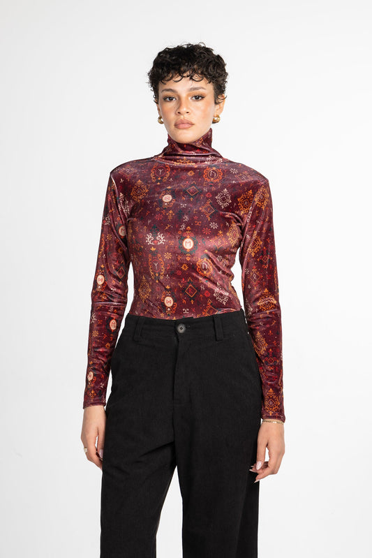 Velvet Printed Turtleneck Top – Burgundy