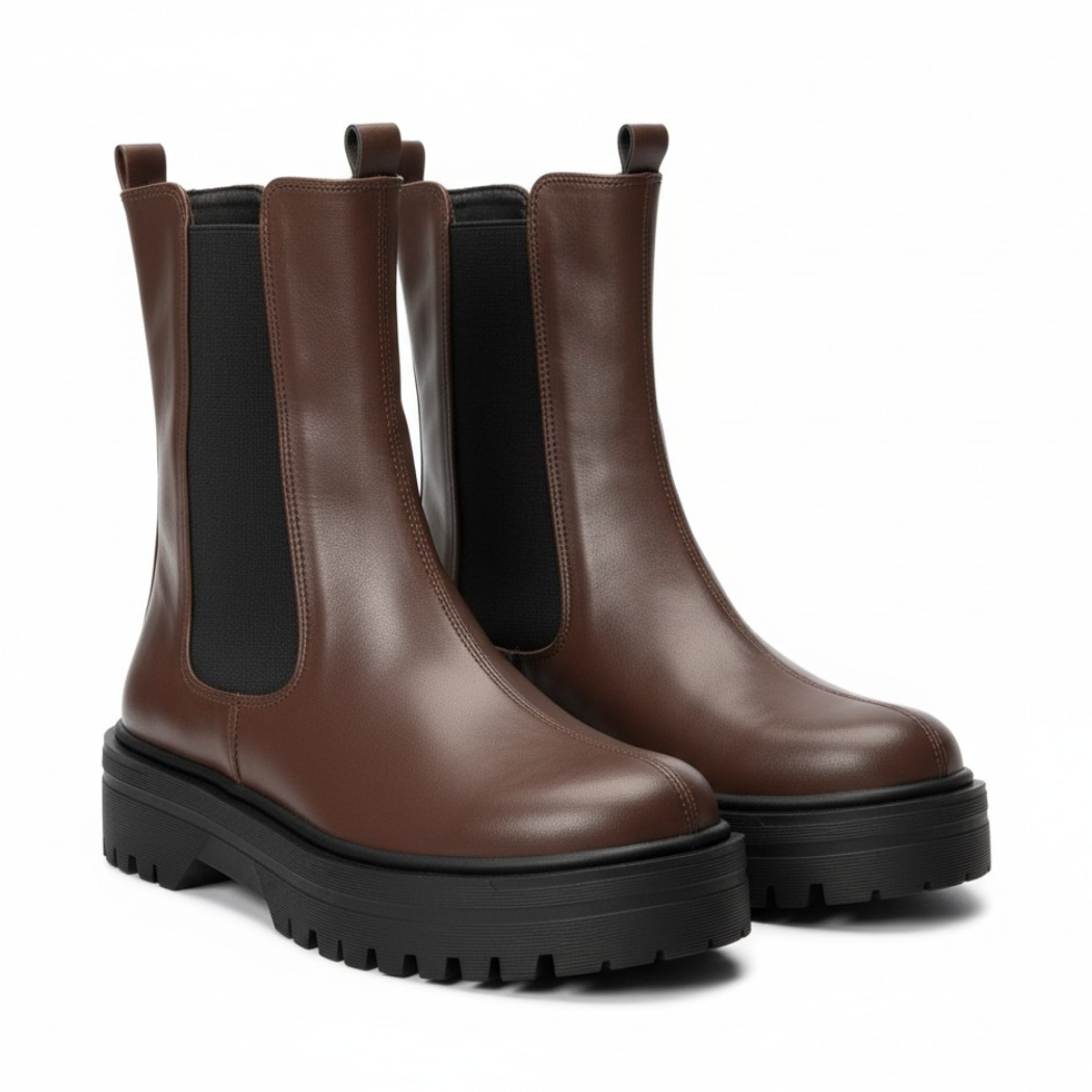 PU Leather Plain Slip-On Boots – Brown