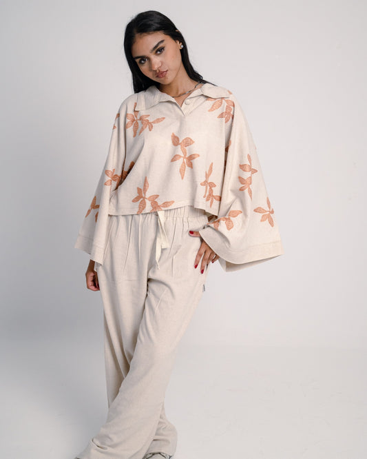 Linen Oversized Embroidered Two-Piece Set – Beige