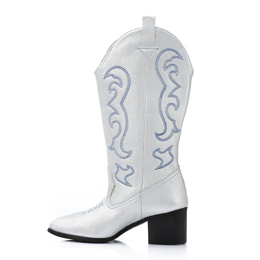 Faux Leather Pointed-Toe Western Block Heel Boots - Silver
