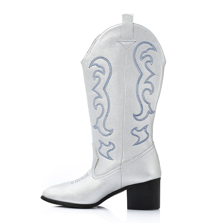 Faux Leather Pointed-Toe Western Block Heel Boots - Silver