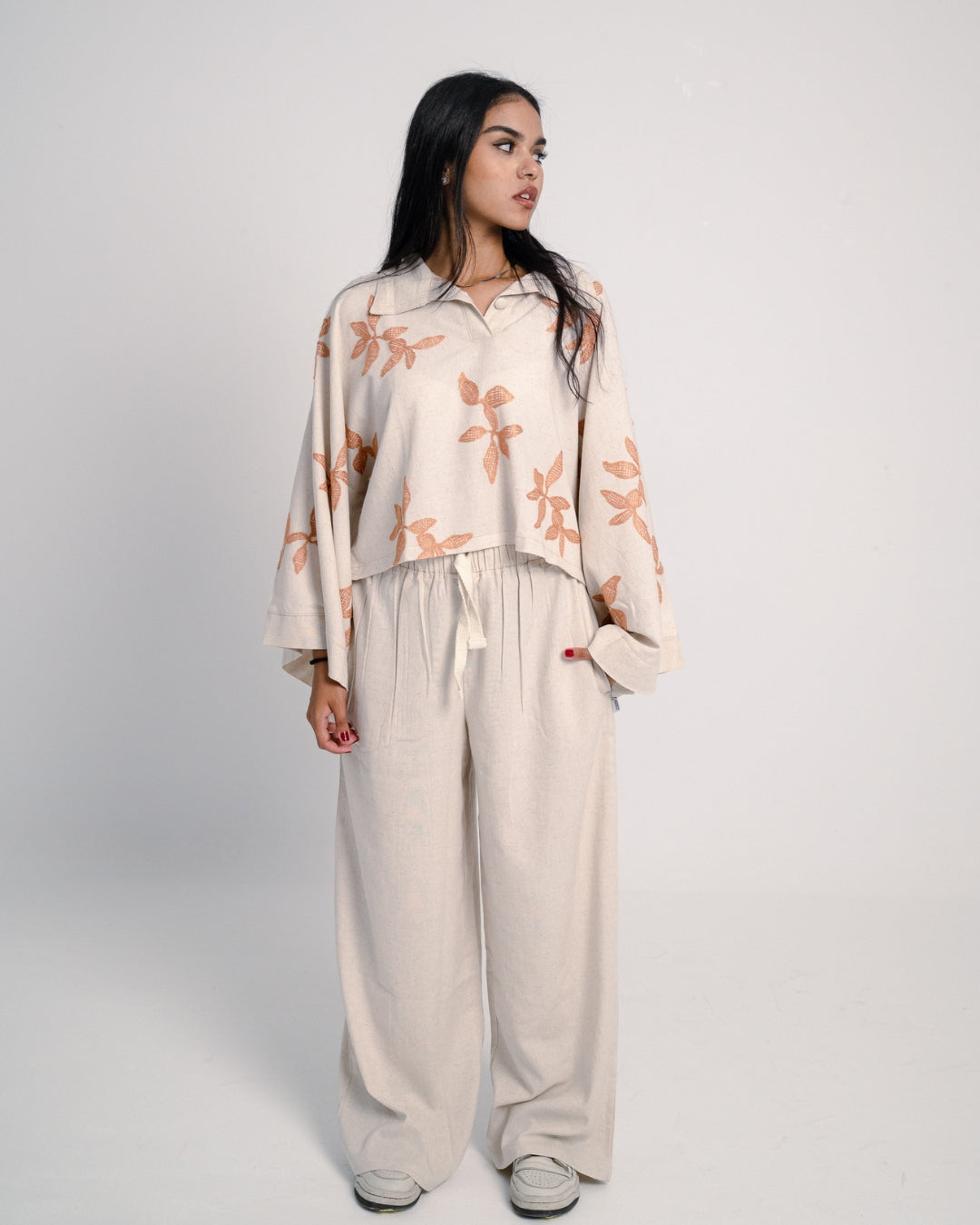 Linen Oversized Embroidered Two-Piece Set – Beige