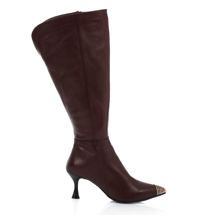 Leather Almond Toe Knee-High Boots - Brown