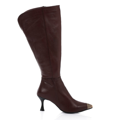 Leather Almond Toe Knee-High Boots - Brown