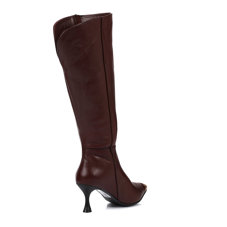 Leather Almond Toe Knee-High Boots - Brown