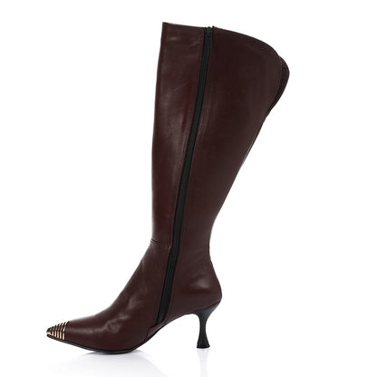 Leather Almond Toe Knee-High Boots - Brown
