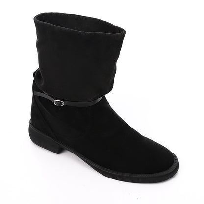 Suede Black Mid Calf Flat Boot