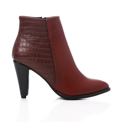 Double Patterned Burgundly High Heeled Ankle Boots