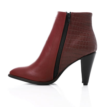 Double Patterned Burgundly High Heeled Ankle Boots