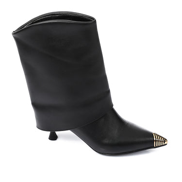 Genuine Leather Mid-Heel Ankle Boots with Golden Jeweled Accessories  - Black