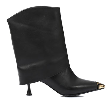 Genuine Leather Mid-Heel Ankle Boots with Golden Jeweled Accessories  - Black