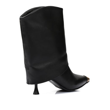 Genuine Leather Mid-Heel Ankle Boots with Golden Jeweled Accessories  - Black