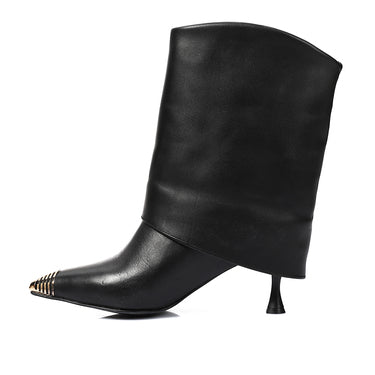 Genuine Leather Mid-Heel Ankle Boots with Golden Jeweled Accessories  - Black