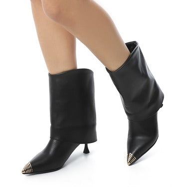 Genuine Leather Mid-Heel Ankle Boots with Golden Jeweled Accessories  - Black